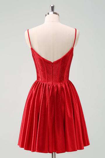Red A Line Spaghetti Straps Corset Pleated Mini Dress